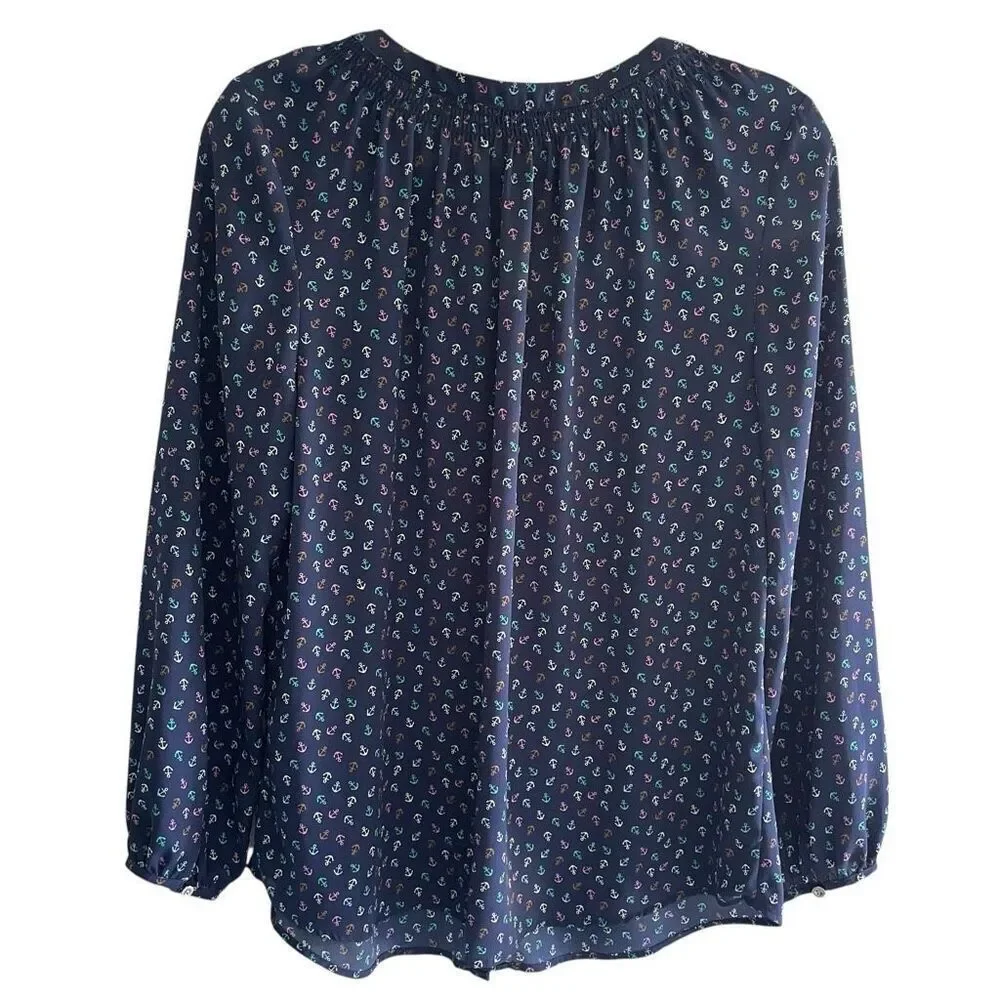 Talbots Petite Nautical Boat Anchor Print Long Sleeve Navy Blouse Top Sz Large